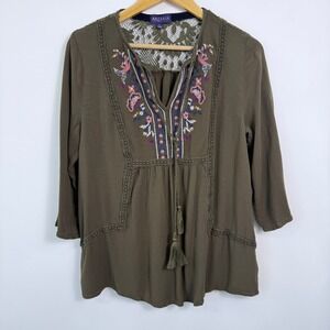 Artesia Embroidered Top Size L Olive Green Lace Back Detail Peasant Boho